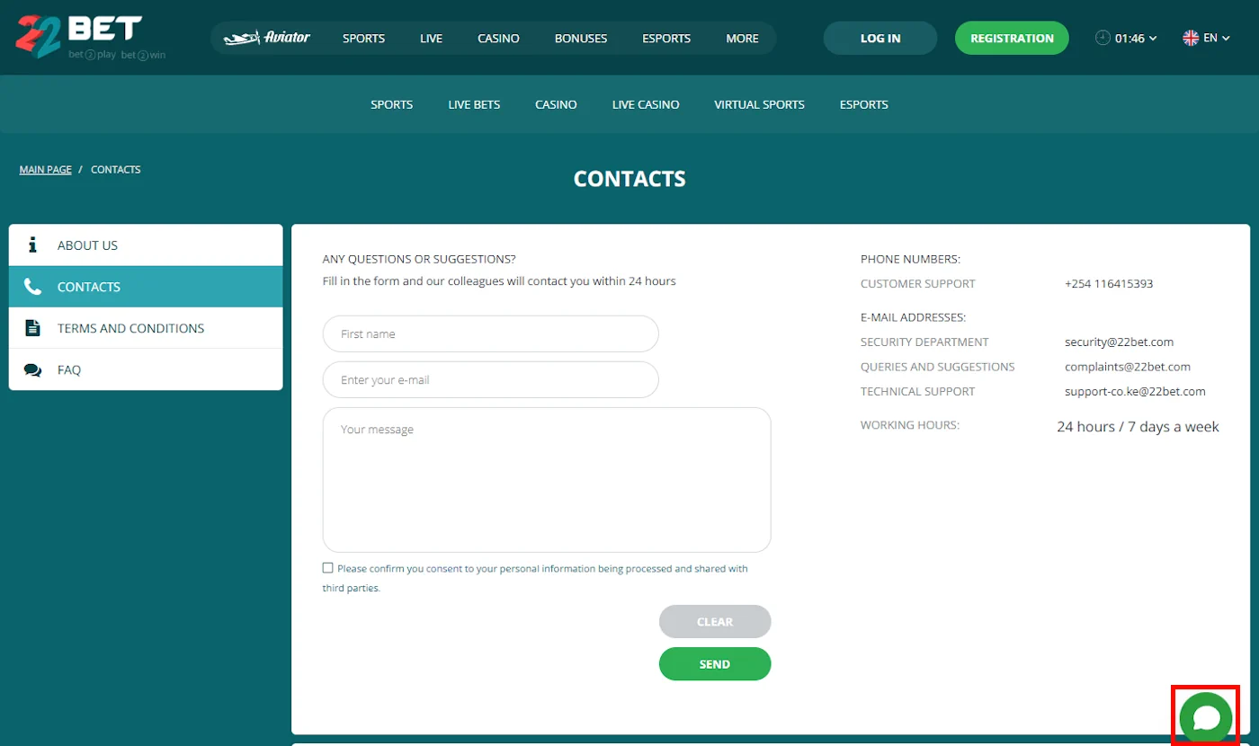 22Bet Kenya Contacts and Live chat Screenshot